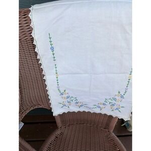 Vintage 1940s Hand Embroidered Linen Table Runner with Crocheted Edge Granny